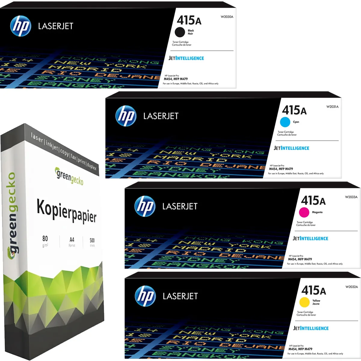 HP 415A Toner Sparset schwarz, cyan, magenta, gelb (4 Stück) & green gecko Kopierpapier