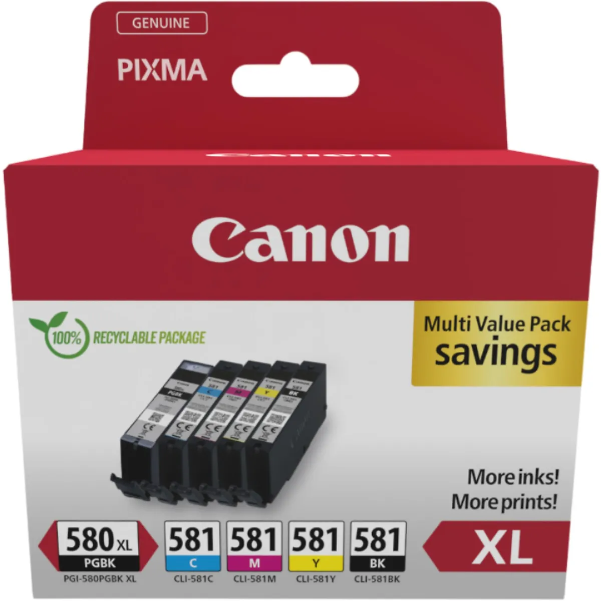 Canon PGI-580XL & CLI-581 / 2024C007 Tinten Sparset schwarz, cyan, magenta, gelb, photo schwarz (5 Stück)