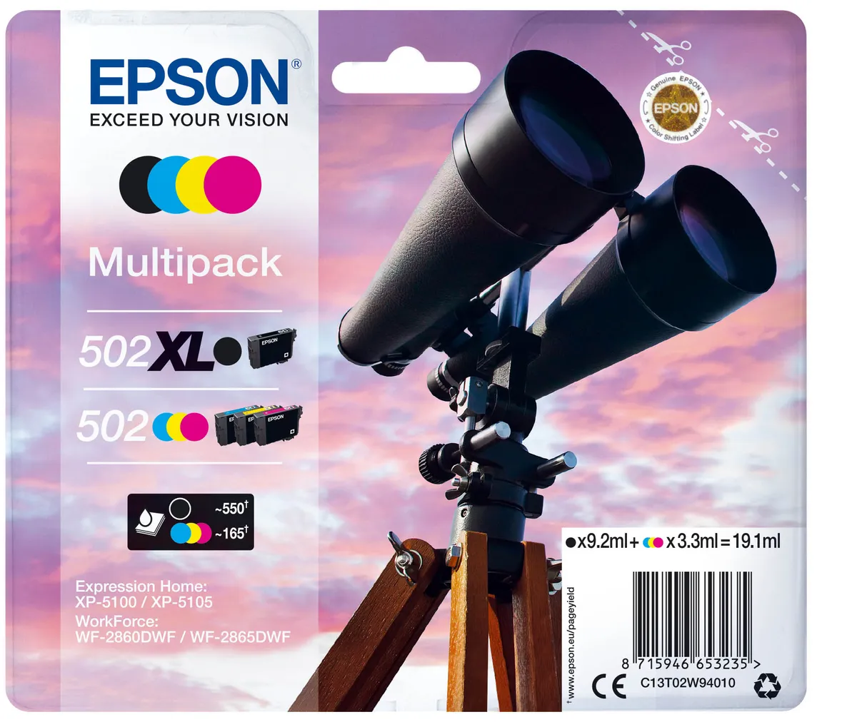 Epson 502XL / 502 / T02W9 / C13T02W94010 Tinten Sparset schwarz, cyan, magenta, gelb (4 Stück)
